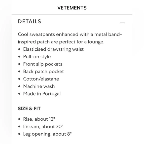 NEW Medium VETEMENTS BLACK graphic metal patch sweatpants joggers